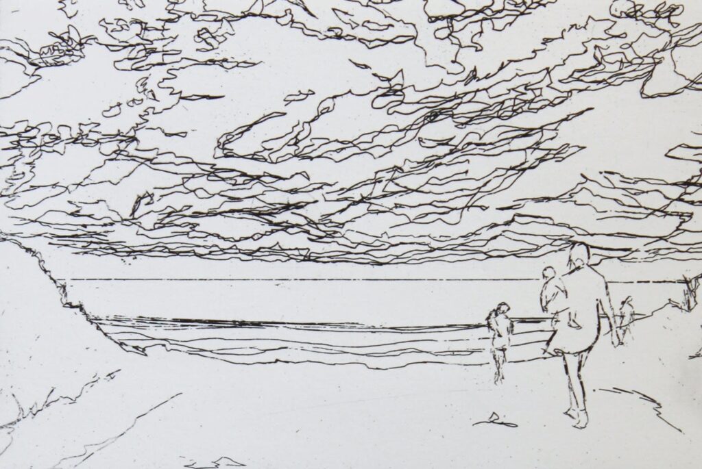 black line drawing of two people walking on a beach each carrying  a child in their arms