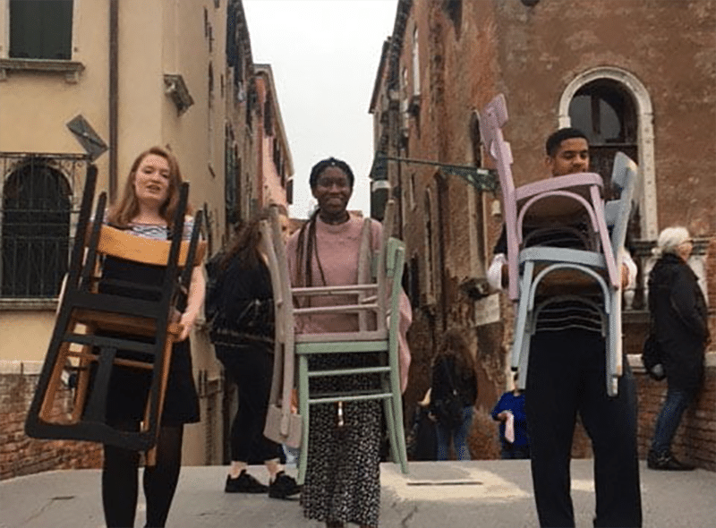 A team of student volunteers setting up at the Venice Biennale