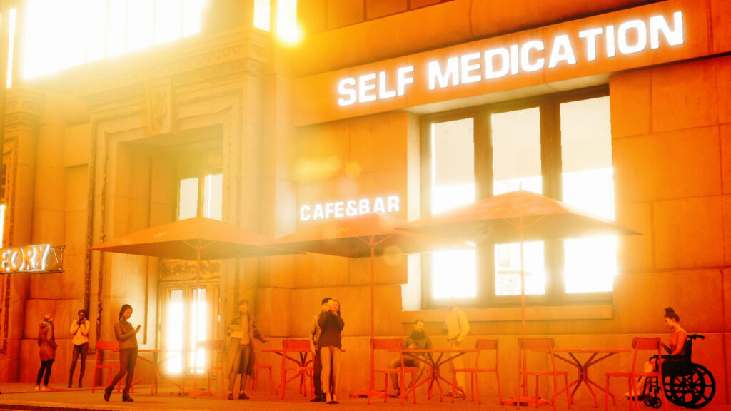 orange light flooded image of a building with light up signs saying "self medication" and "cafebar" people are standing and sitting outside. 