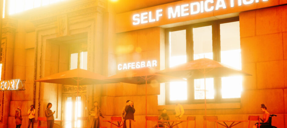 orange light flooded image of a building with light up signs saying "self medication" and "cafebar" people are standing and sitting outside.