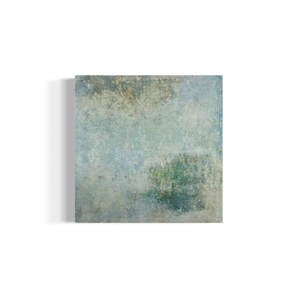 photograph of a square abstract artwork hanging on a white wall, coloured in earthy tones of blue, green and brown
