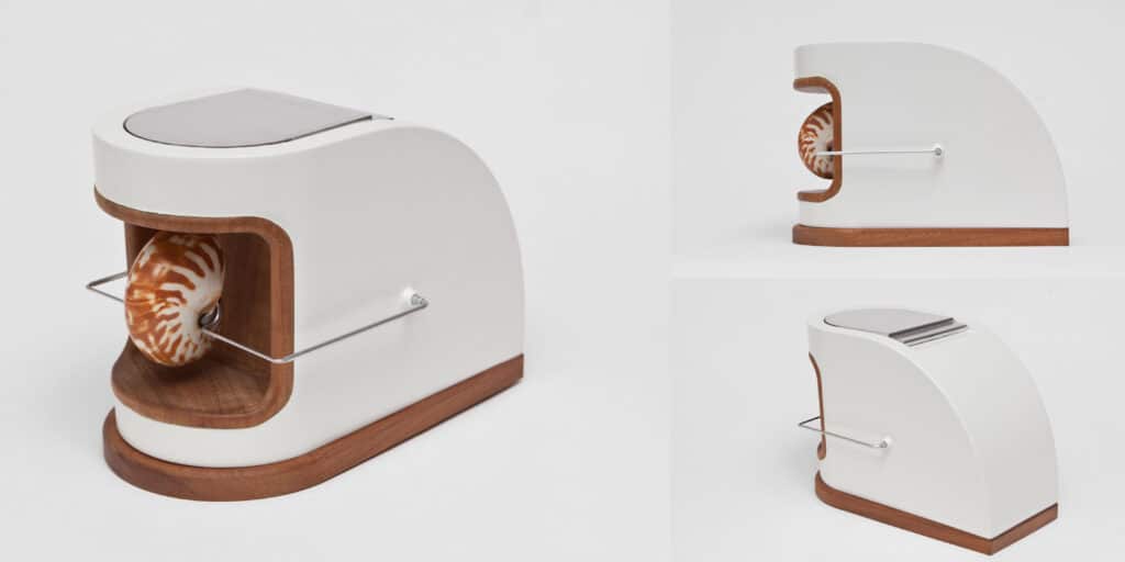 Inbal Strauss, A Nineteen Twenties Artefact for Capturing the Emotion of Sportscasters, 2012 - Plaster print- mahogany, aluminium, paint, nautilus seashell, 25 x 20 x 18 cm © Inbal Strauss