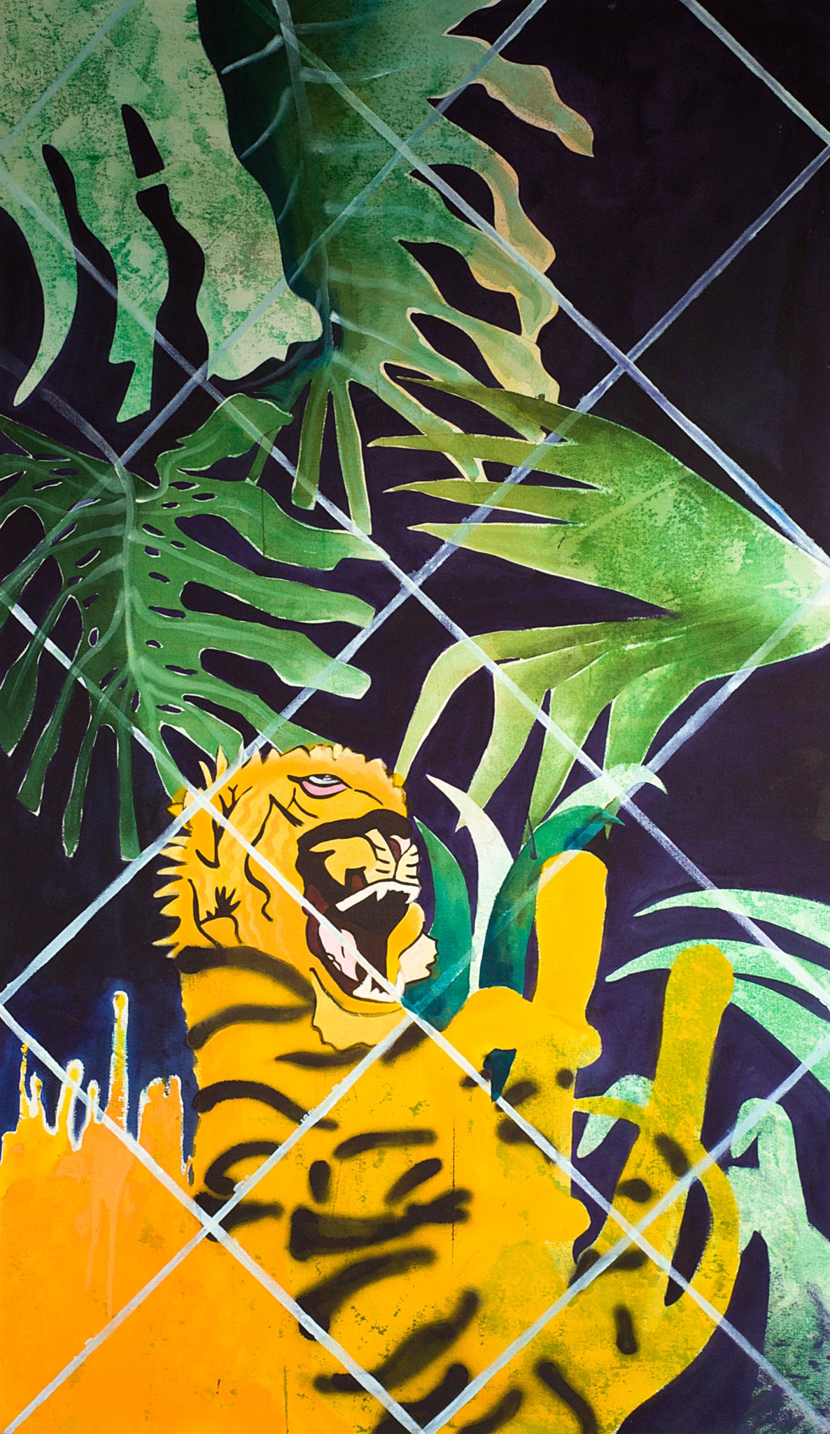 painting of a tiger surrounded by large tropical leafs behind a caged fence