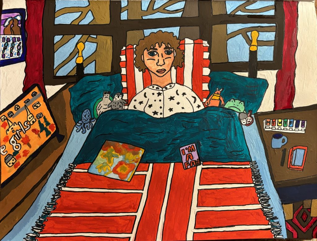 a painting of a person sat up in bed with a medication box, cup of tea and painting next to them