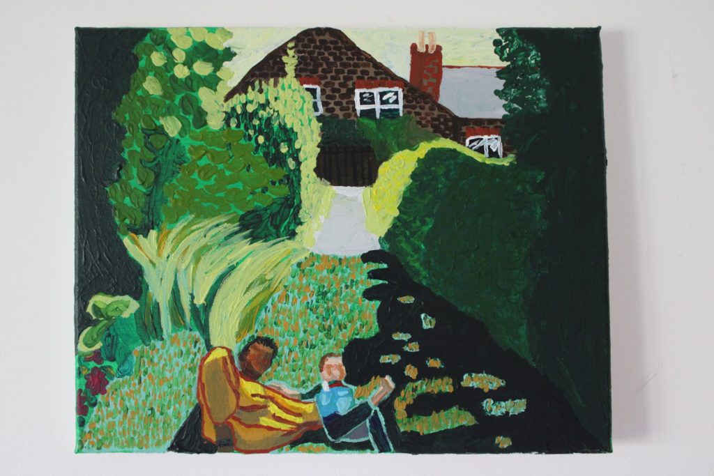 painting of a cottage and garden with trees with two people sat on the grass