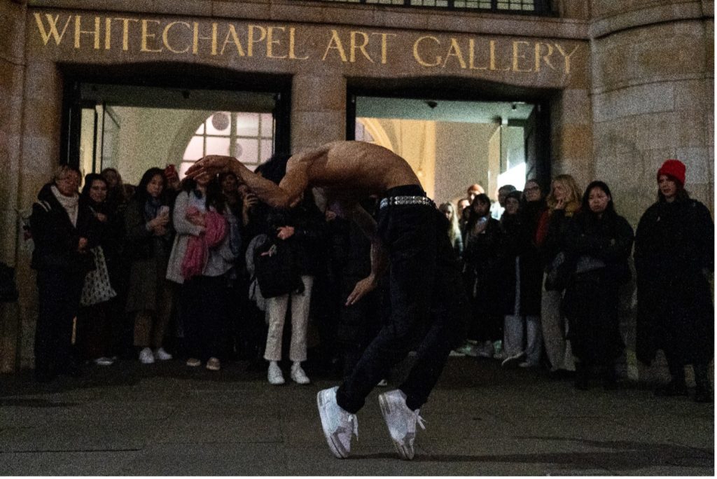 Performance by Jamal Sterrett outside Whitechapel Gallery as part of Polyphonic Bodies takeover. Photo by Luke Lentes