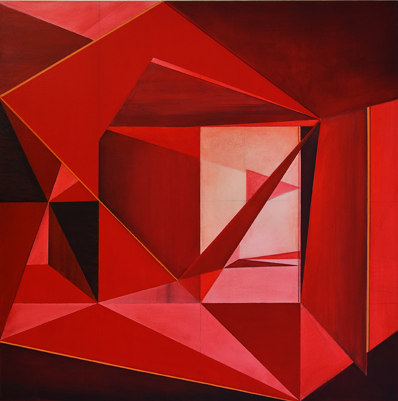 square painting of angles that are different tones of red