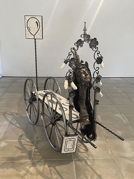 Katie Surridge, They built a chariot to carry the sun across the sky. 2024, Forged and welded steel, cast bronze, Roman style mosaics. Artists own image.