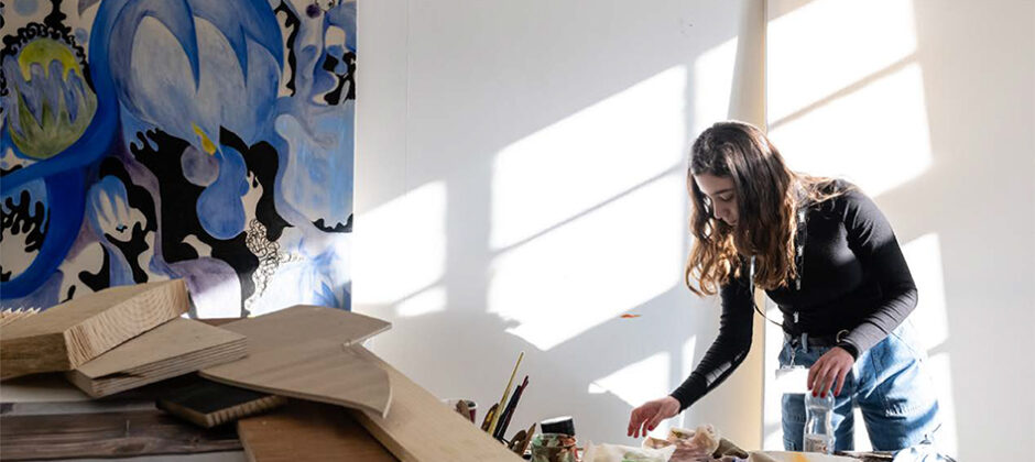 Student working in the painting studio, 2022, Chelsea College of Arts, UAL | Photograph: Ana Blumenkron
