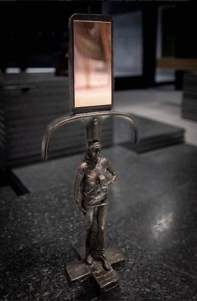 Katie Surridge, Bronze age mirror.  2023. Cast copper extracted from electrical waste. Photographed by Pangea sculpture center 