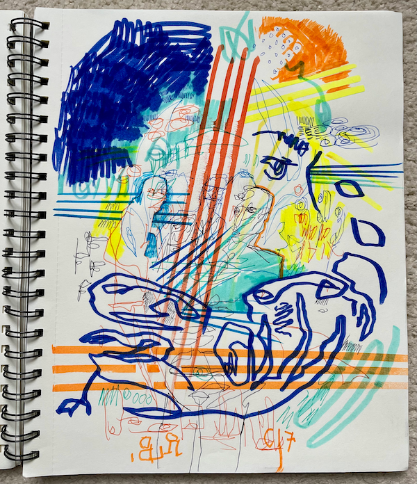 ghost figures in orange blue yellow markers with black ink on white sketchbook papers