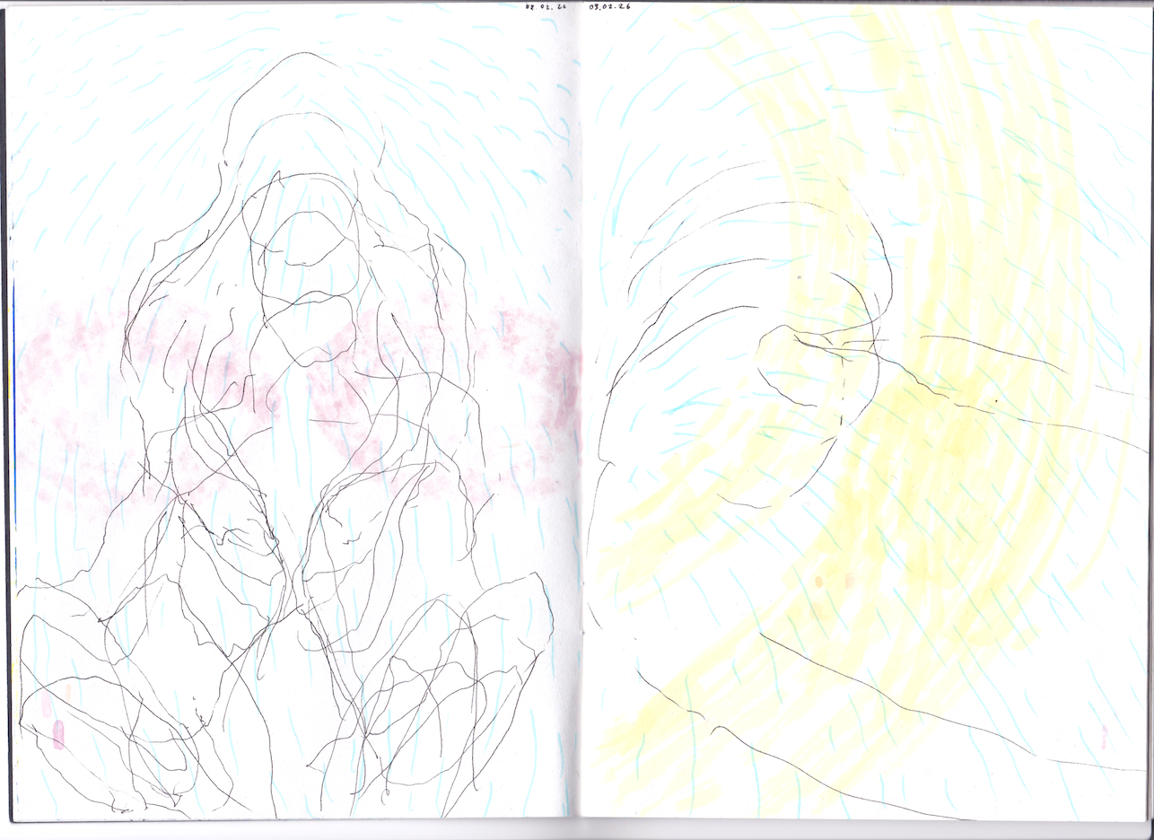 A scan of an open notebook, featuring felt tip drawings of body sensations. On day 02.02.26 light blue dotted lines shower over an abstracted outline of a figure at various stages of reclining. Pale traces of pink bleed through from the other side of the page. Day 03.02.26 features an abstracted outline of a reclined figure, head tilting at various stages towards the chest. A yellow haze emanates from the chest and head, and light blue dotted lines curve from the neck across the head and torso.