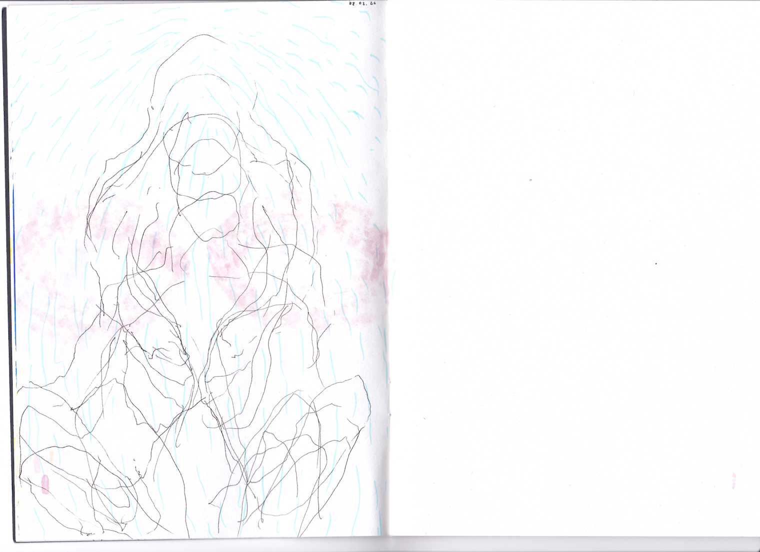 A scan of an open notebook, with one page featuring a felt tip drawing of body sensations. Light blue dotted lines shower over an abstracted outline of a figure at various stages of reclining. Pale traces of pink bleed through from the other side of the page.