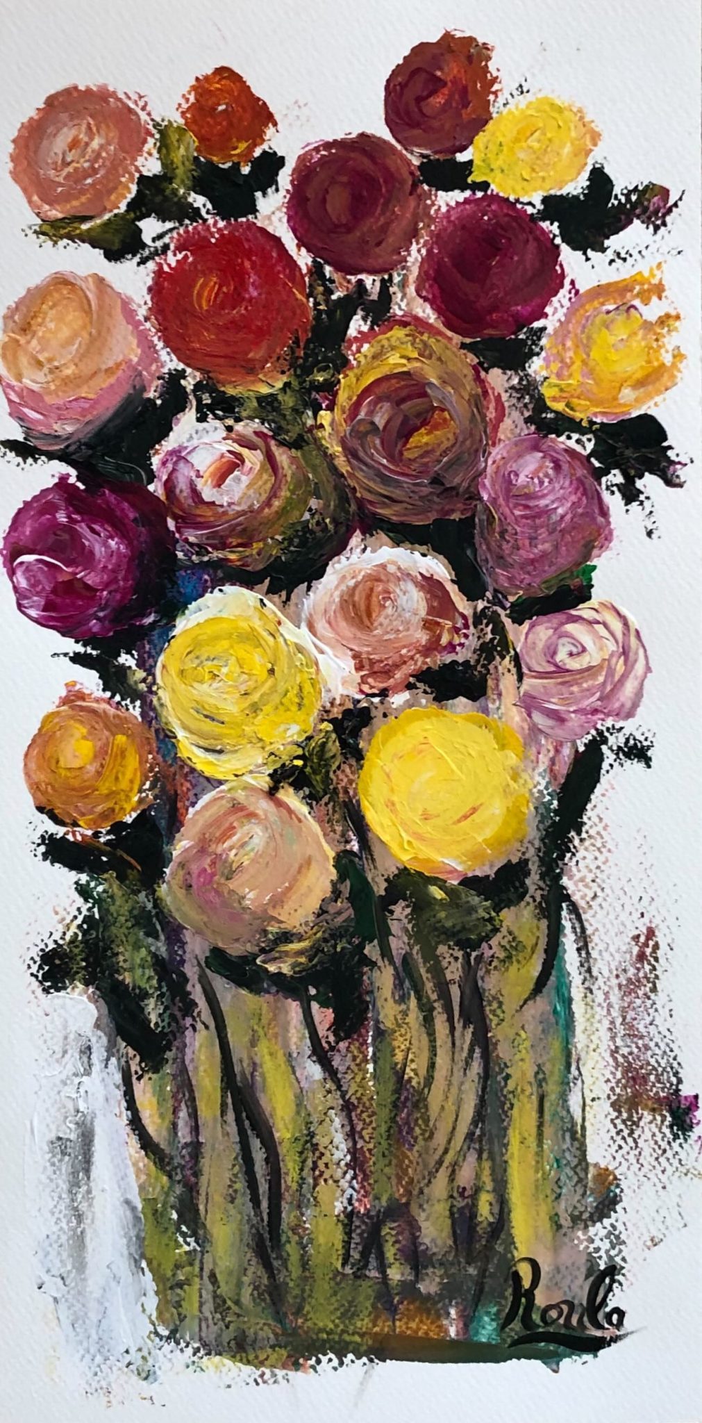 A vibrant bouquet of roses painted on paper with acrylics, using a palette knife to create bold texture and rich impasto strokes, set against a plain white background that highlights its colors