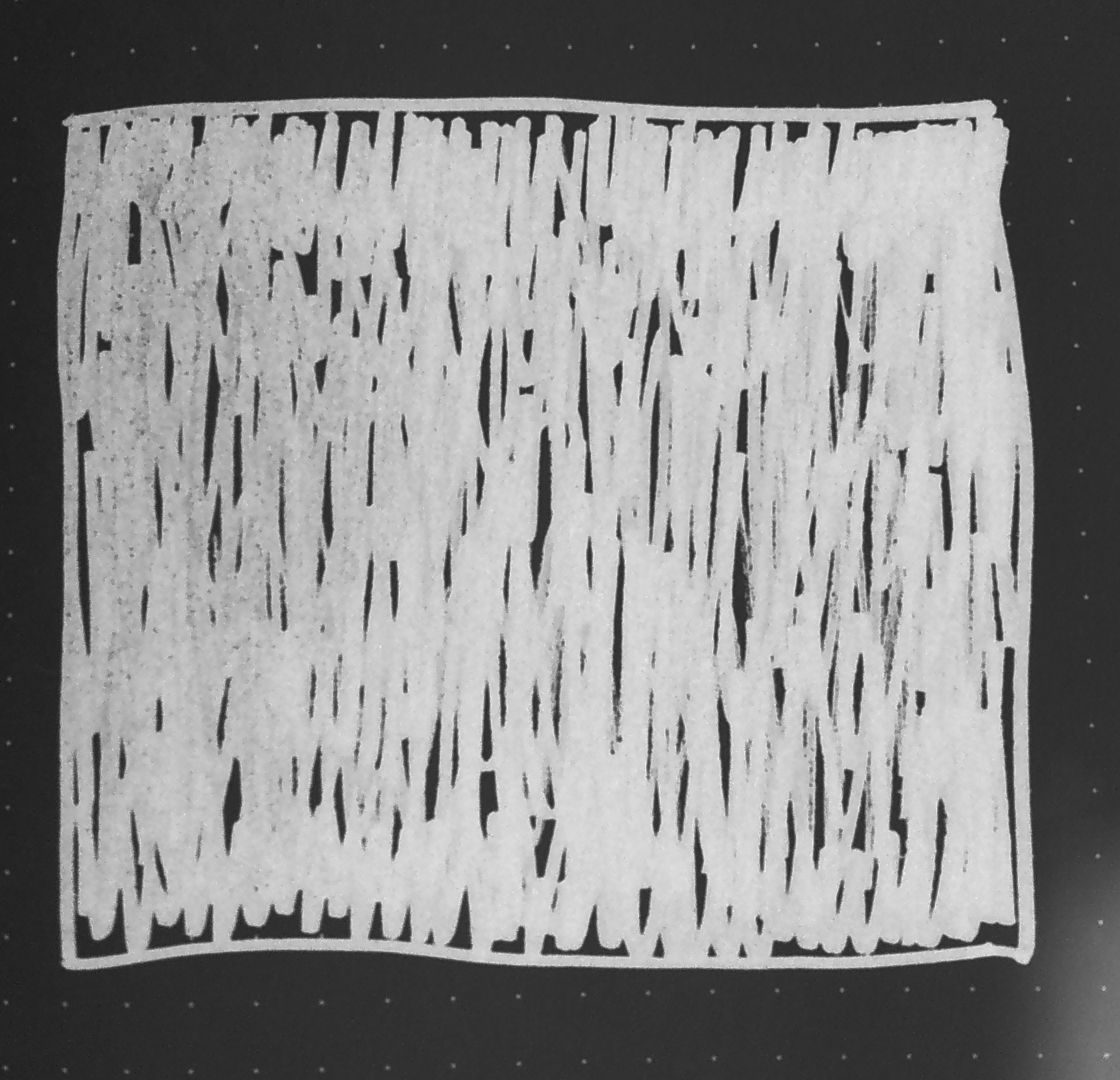 A colour-inverted photo of my art from 21 February (Almost Black). The colours have been reversed so it is now a white square on a black page with a dotted white grid. The square is coloured in with rough white marks, with some of the black paper left visible.