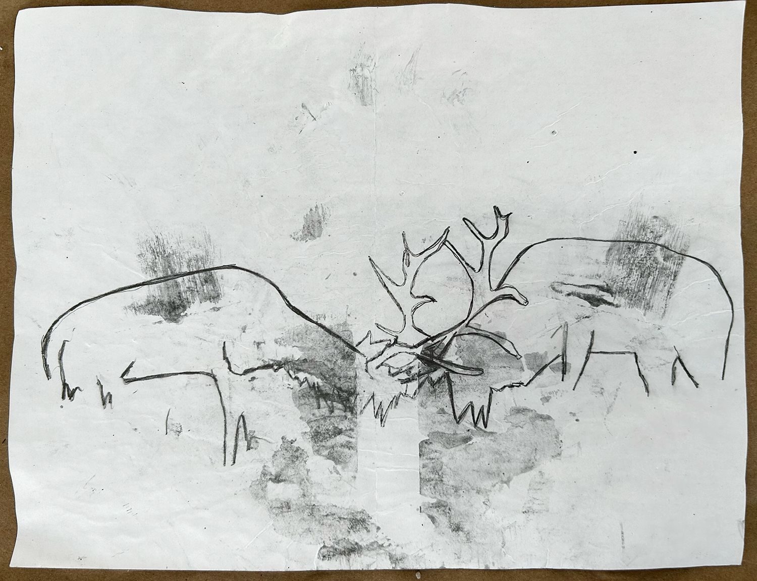 drawing of two male elks in rut, with grime from sanding aluminum over top of the drawing