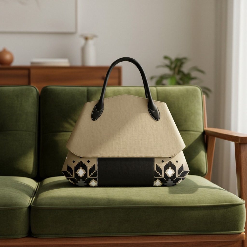 Tote with embroidery on the base conical with contrast black handles beige canvas