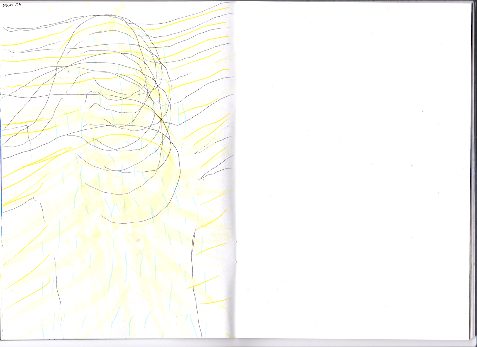 A scan of an open notebook, with one page featuring a felt tip drawing of body sensations. Light blue dotted lines shower over an abstracted outline of a figure at various stages of bowing their head. Traces of yellow emanate from their torso, along their arms and beyond.
