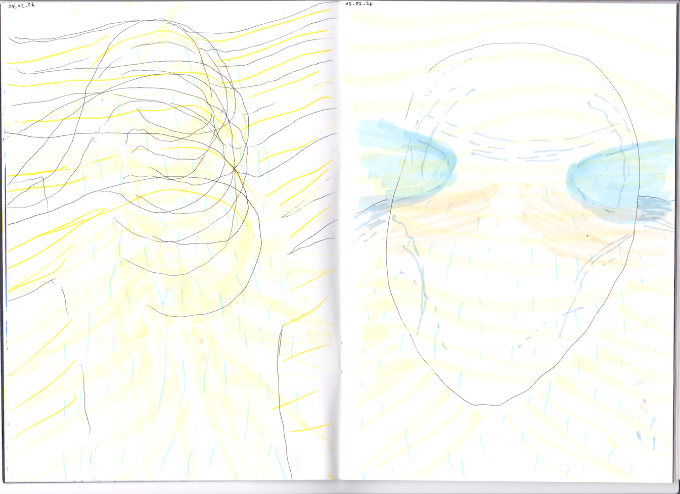 A scan of an open notebook, featuring felt tip drawings of body sensations. On day 04.02.26 light blue dotted lines shower over an abstracted outline of a figure at various stages of bowing their head. Traces of yellow emanate from their torso, along their arms and beyond. Day 05.02.26 features an oval shape resembling a face, in a slightly hunched posture. Light blue rounded blocks push inwards towards the temples and disperse beyond the head. Blue grey lines and thick yellow and peach streaks emanate across the face and beyond. Sprinkles of light blue fall downwards.