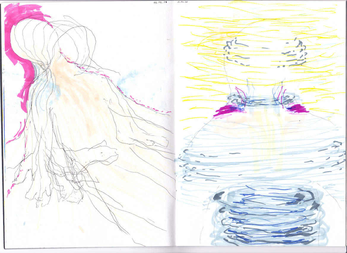 A scan of an open notebook, featuring felt tip drawings of body sensations. On day 06.02.26, an abstracted figure is at various stages of reclining. A wash of magenta surrounds their head and neck. Peach and blue emanates down from their neck and throat. On day 10.02.26, lines surround the torso of an abstracted figure , like ropes drawing in. Echoes of these ropes surround their shoulders and neck. Sharp purple wedges poke into their neck. A haze of yellow, light peach and blue swirls around their head.