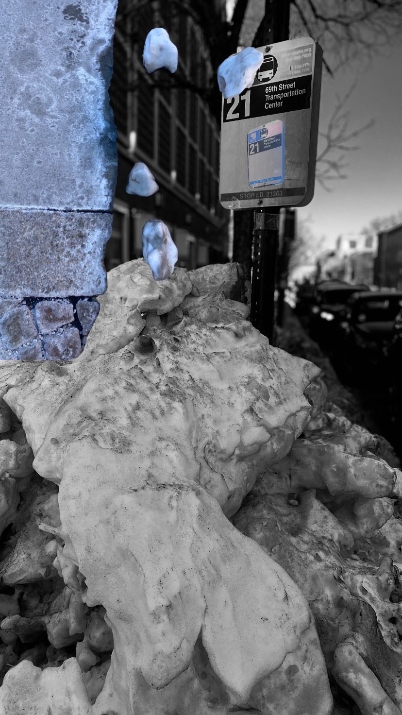 Cut out of walkway and dirty ice balls on top of black and white photograph of a heap of ice at a bus stop