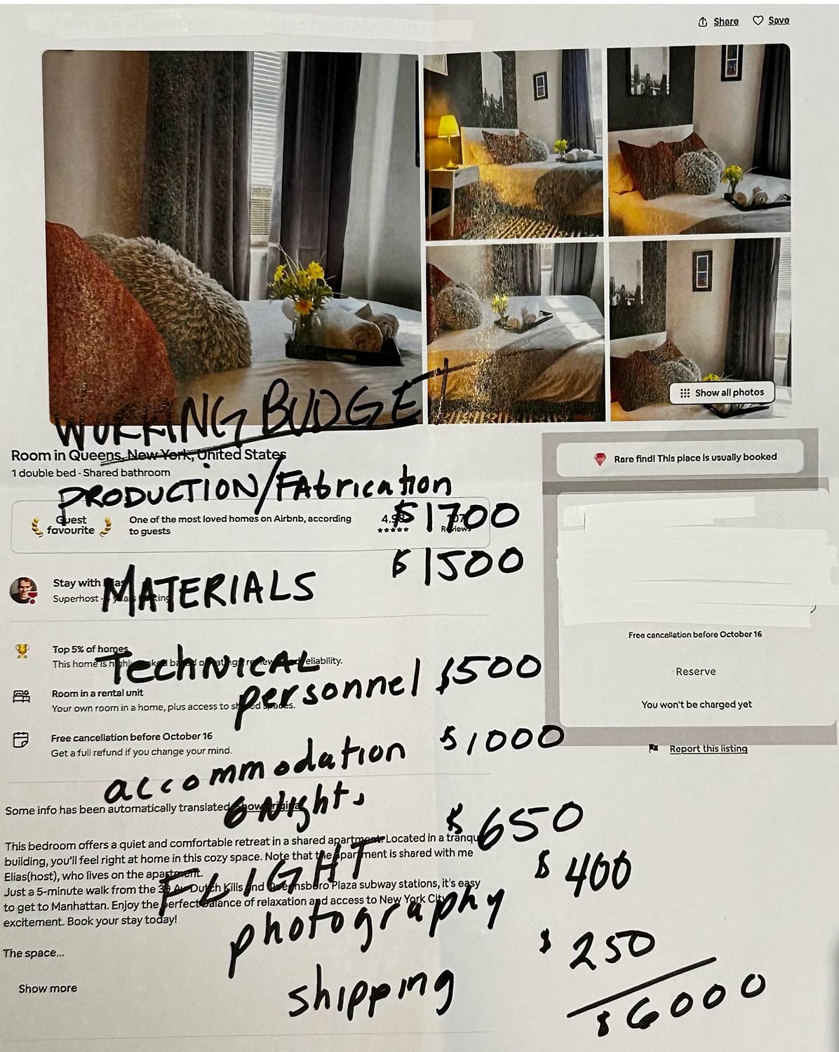image of airbnb accommodation printed out on paper with a handwritten production budget over top
