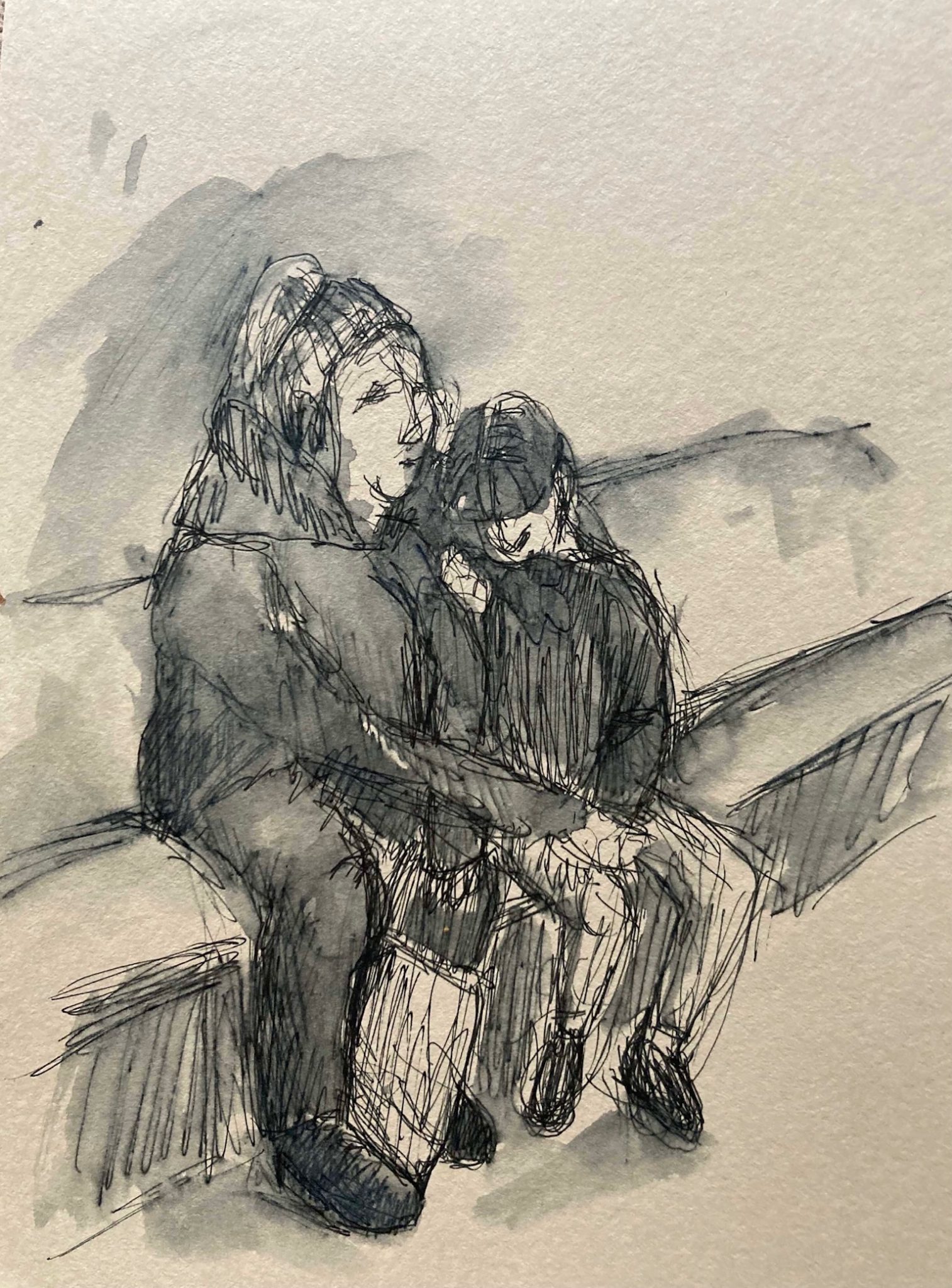 Pen (inky) drawing depicting a child leaning onto her mother