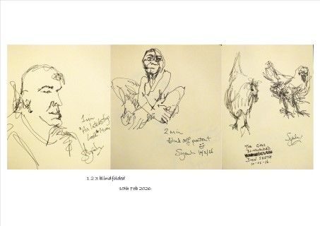 3 quick pen sketches not looking at paper: young male portrait, artist portrait and chickens! sketches taking approximately 1, 2 and 3 minutes