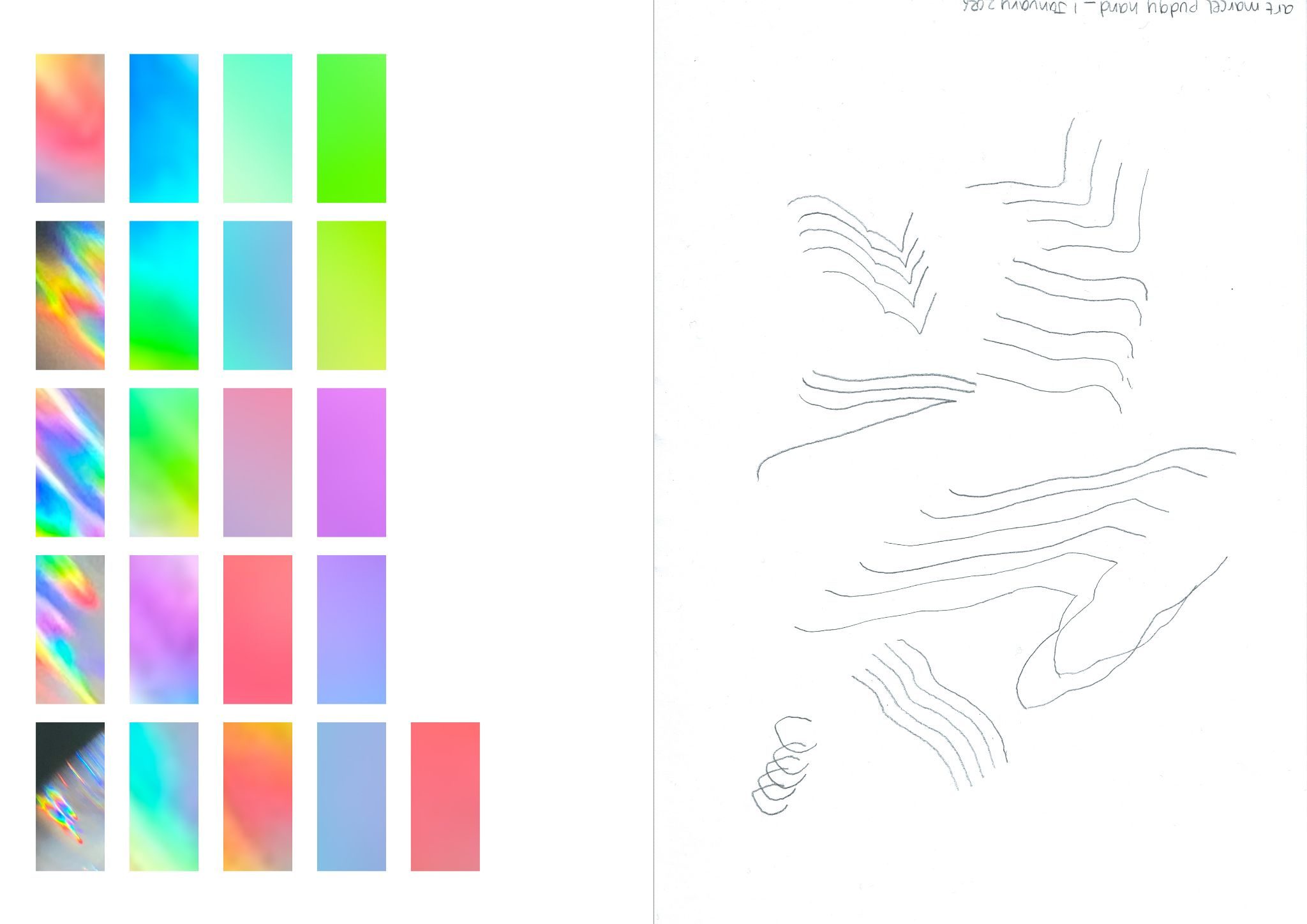 a landscape A3 page divided in 2 equal halves with a grey dotted line. the left half conainst 21 coloured rectangles arranged in 4 vertical lines of 5 and 1 vertical line of 1. the right half contains a collection of repetitive lines or marks made in pencil. the drawing has been scanned and has text wriiten upside down along the top right corner 'art marcel pudgy hands _ 1 January 2026'.
