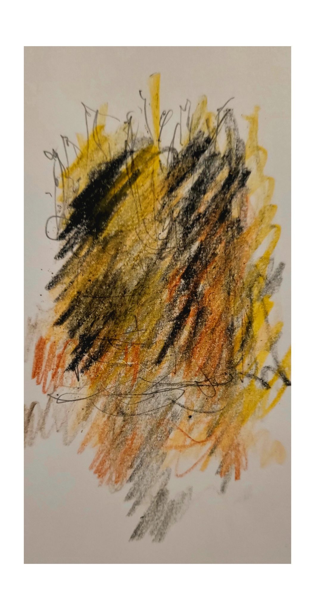 A pencil drawing of blurred yellow, grey, black and brown colours