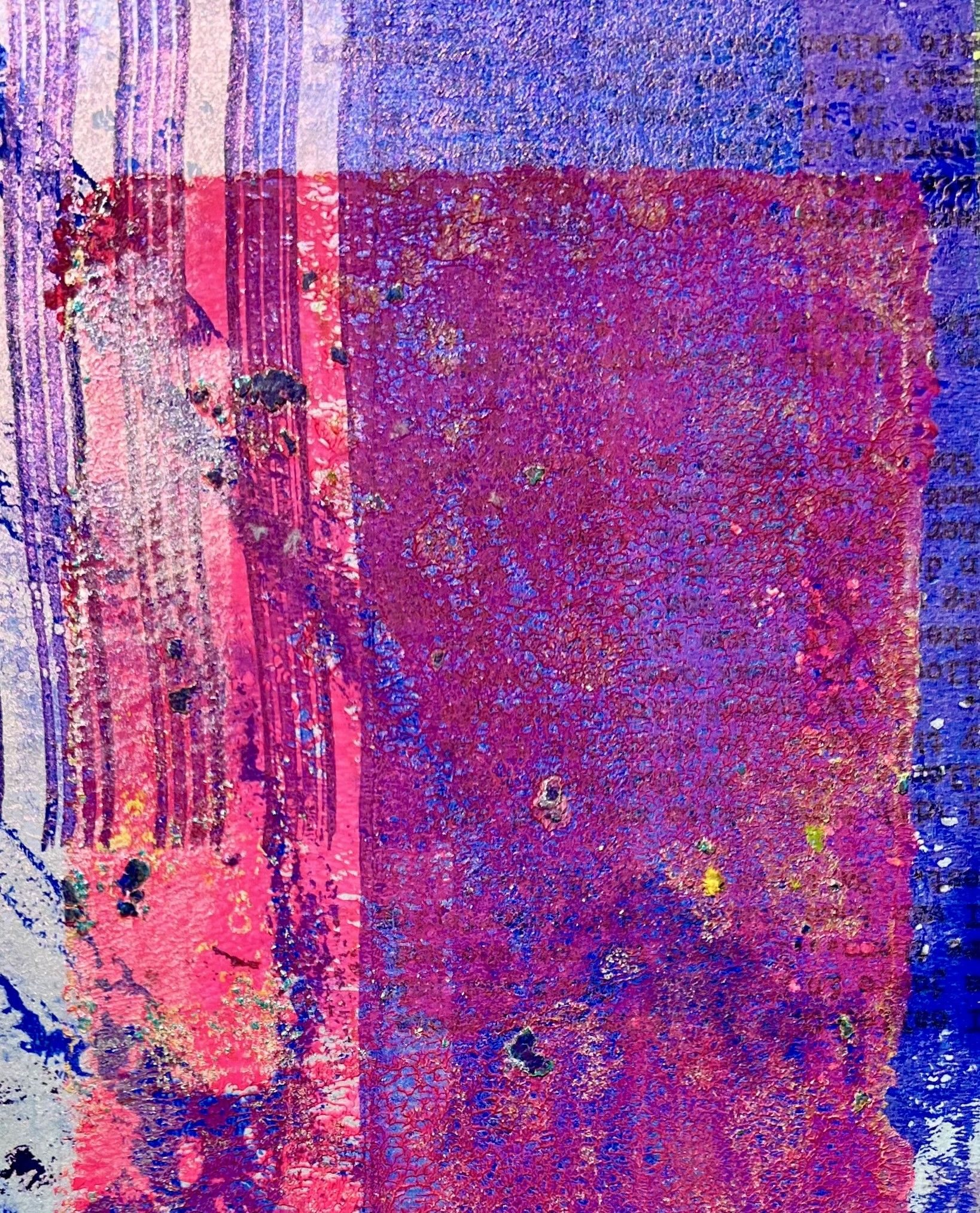 Monotype collage in purple, pinks, blues and yellow created from documents from the Freedom Archives