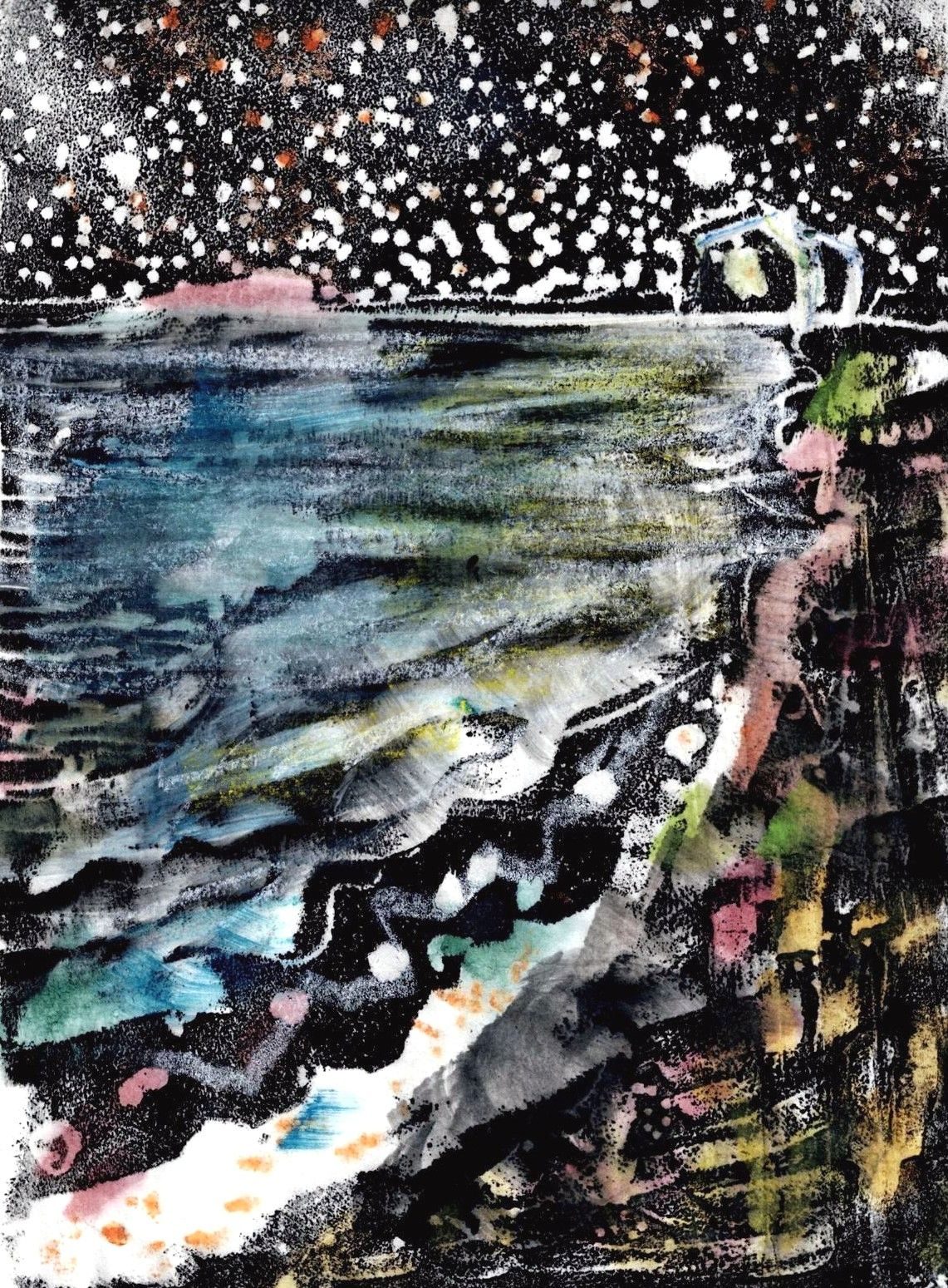 Monotype depicting a nightly beach Bw some colorful spots