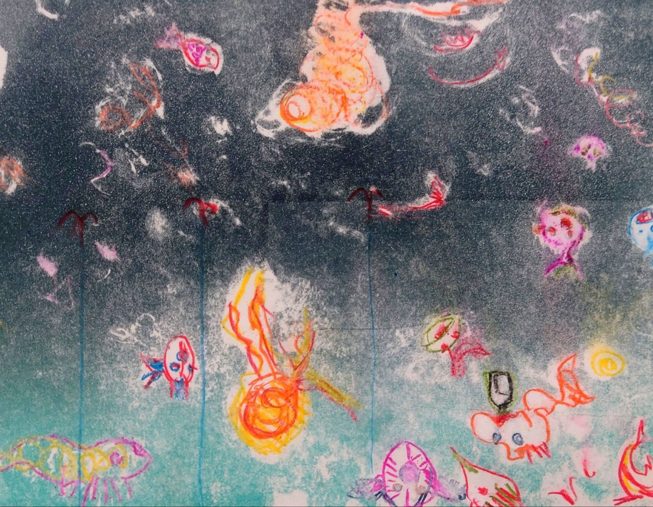 Underwater world full of colorful fish background dark brown to  turquoise