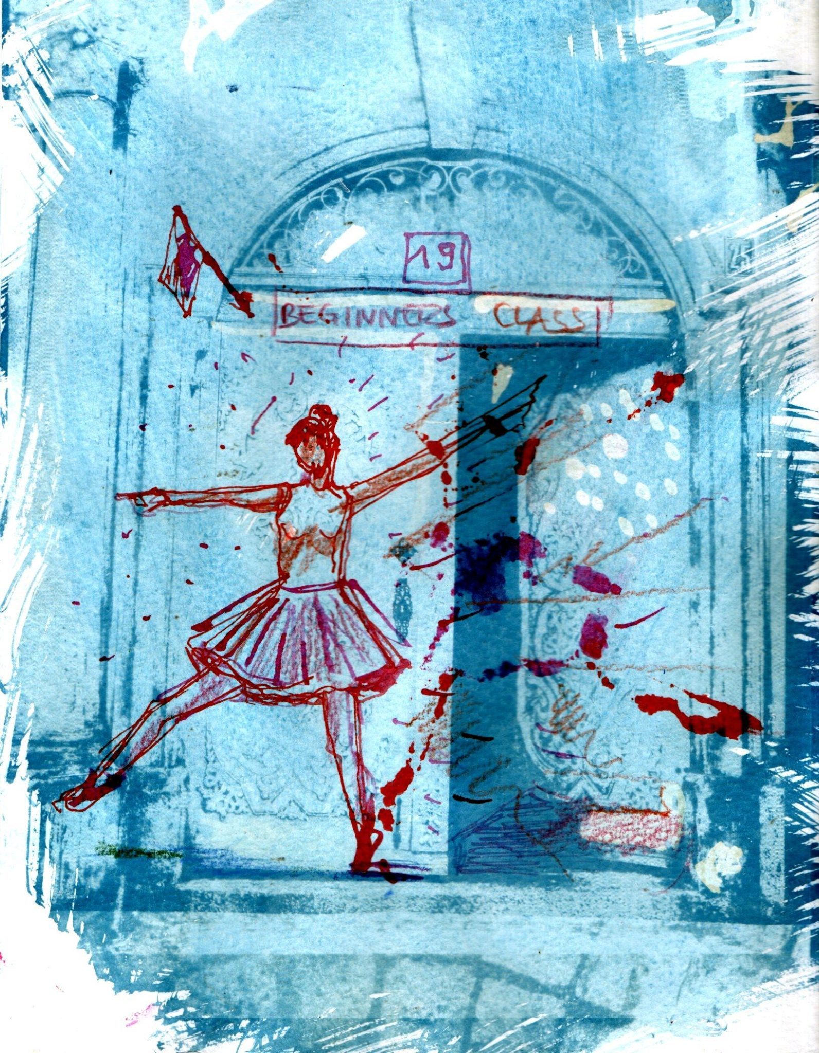 Dancer in front of a Blueish door, number 19, sign beginners class