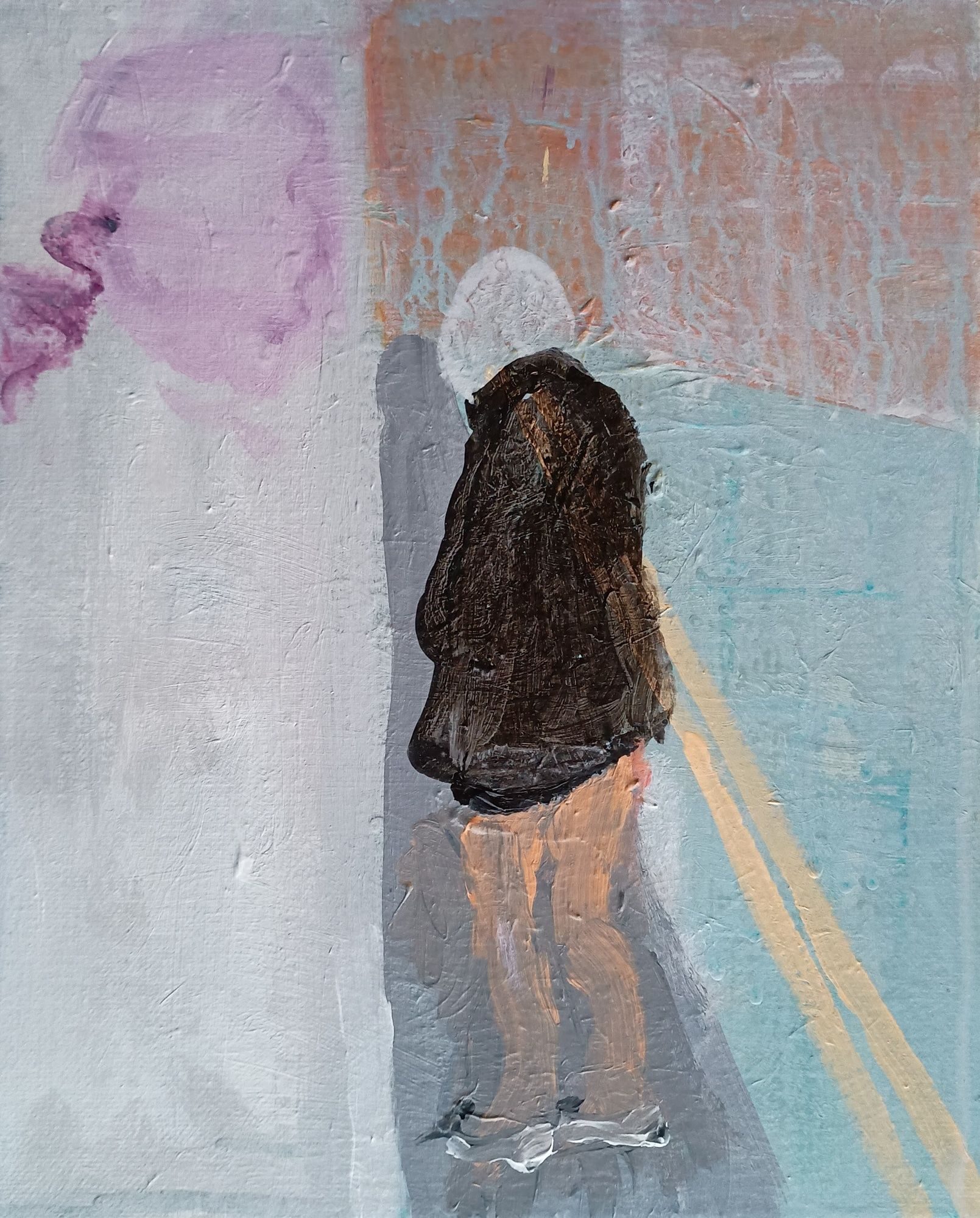 Acrylic on canvas painting of a woman stood beside a wall