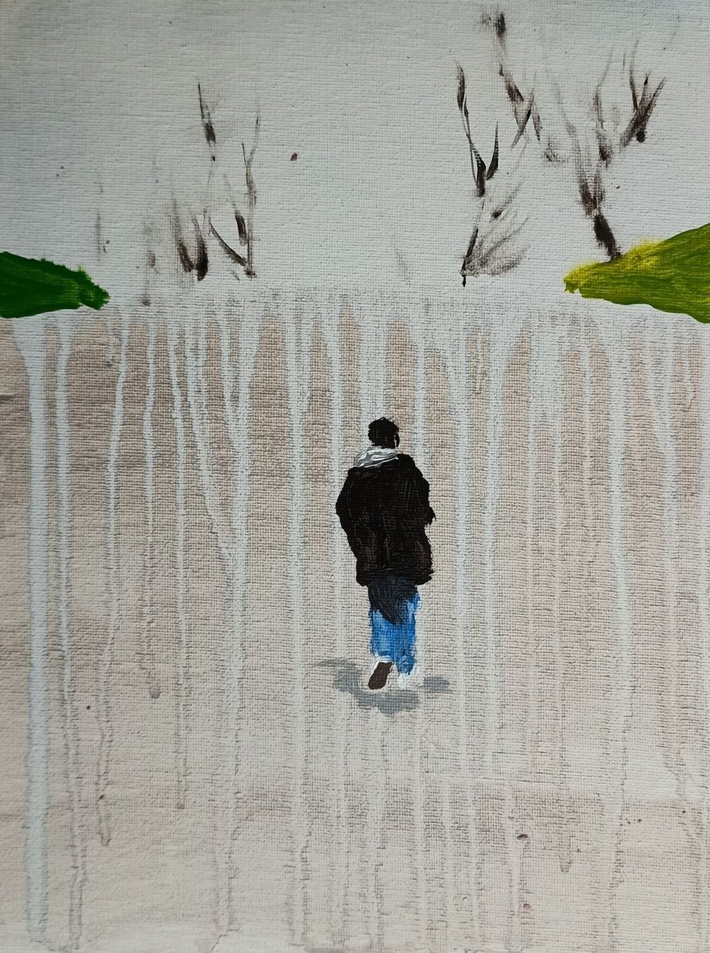 Acrylic painting of a young man walking up a hill