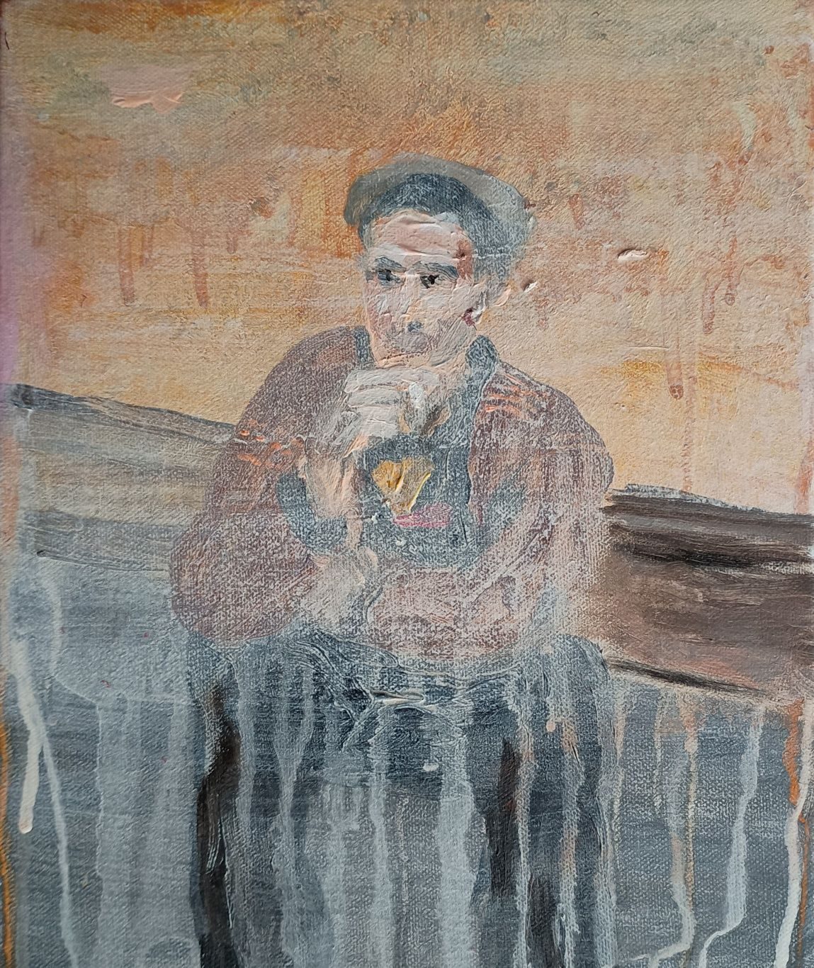 Acrylic painting of a man sitting outside in a London street