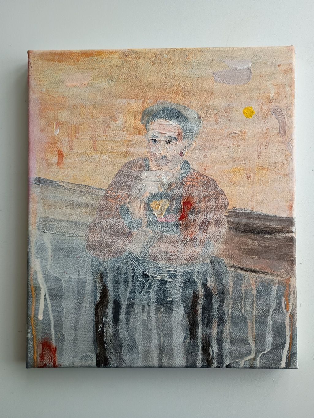 Acrylic on canvas painting of a man sitting on a step, abstracted