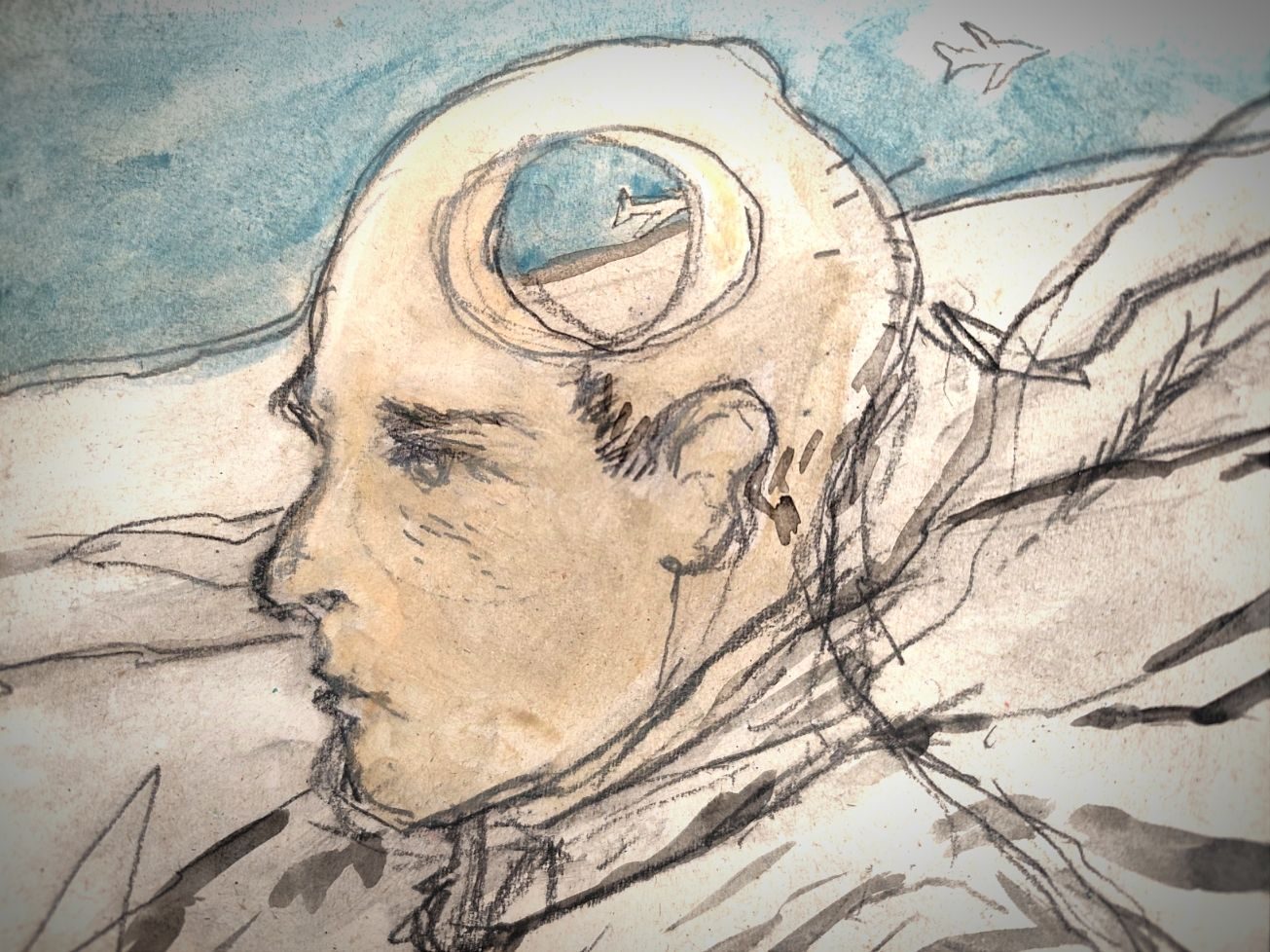 Mixed media illustration and self portrait drawn from memory with the white flecks of drones flying in the distance.