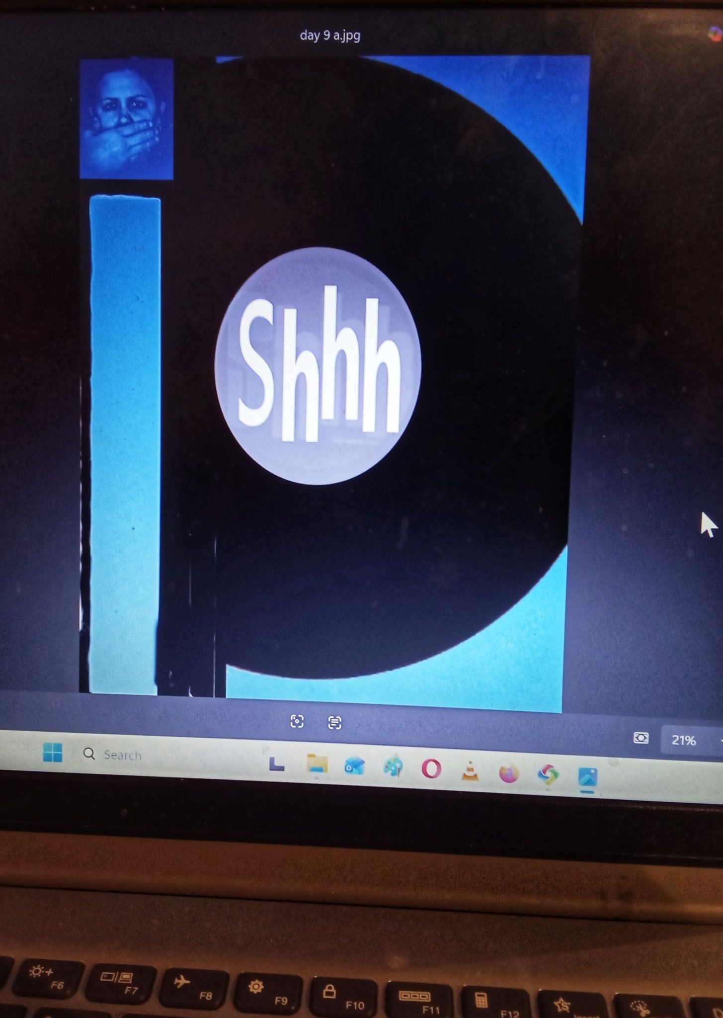 woman with hand over mouth  letters s h h h