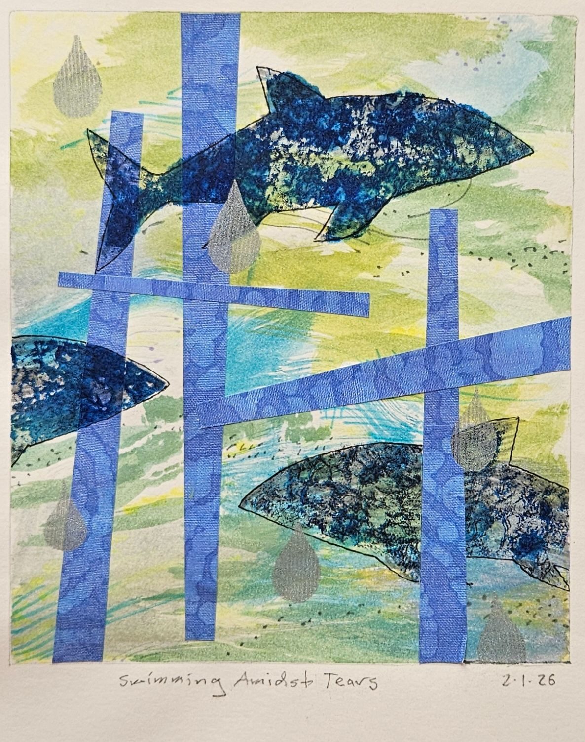 Three fish swim in a green blue sea with silver tears.