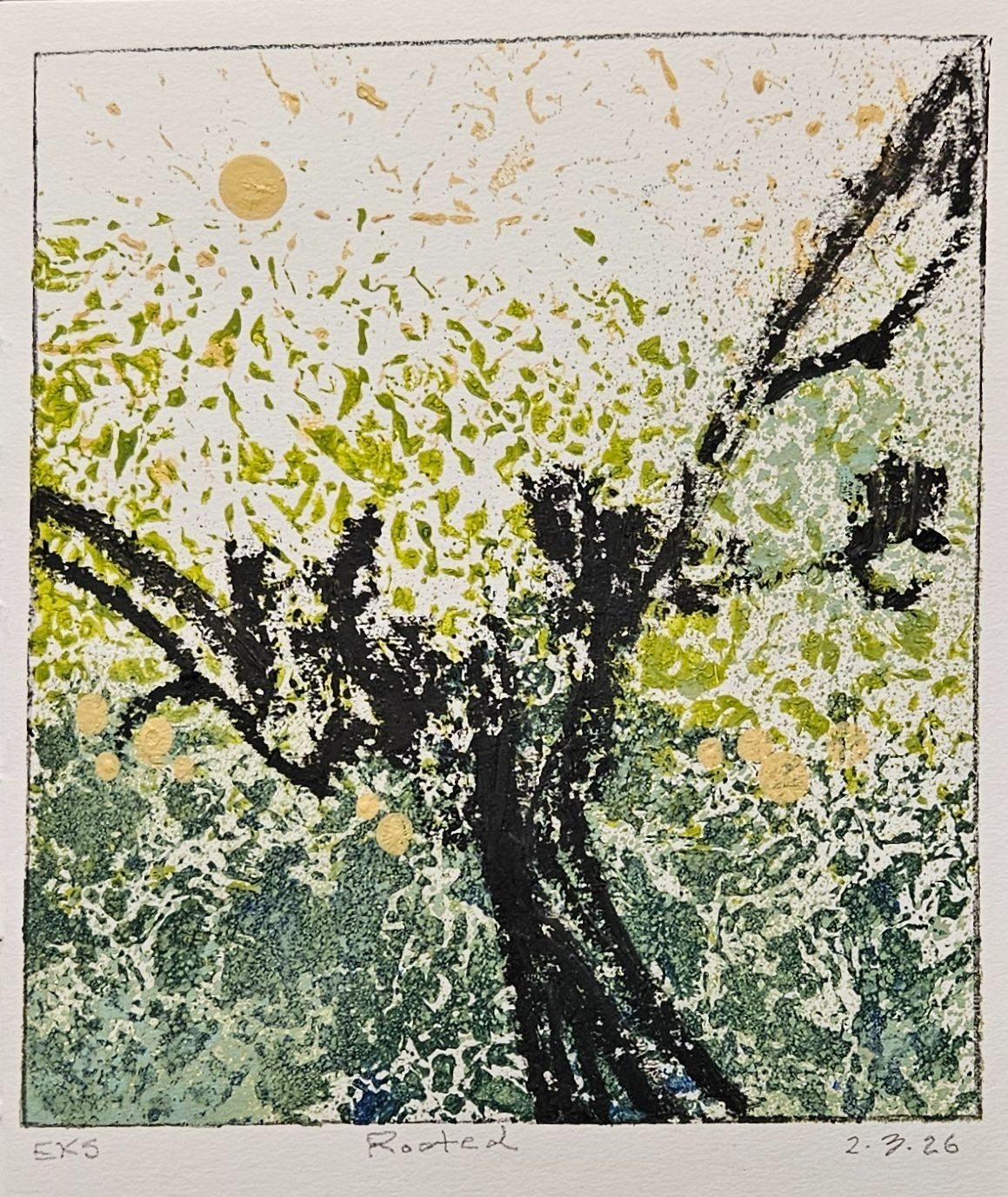 An abstract drawing of a black vine in a textured field of green and yellow.