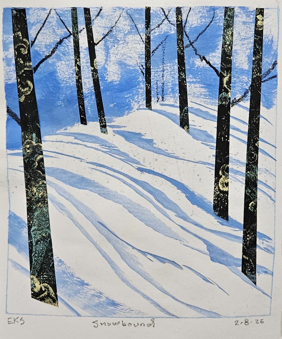 An acrylic sketch of black tree limbs against a snowy white hill.