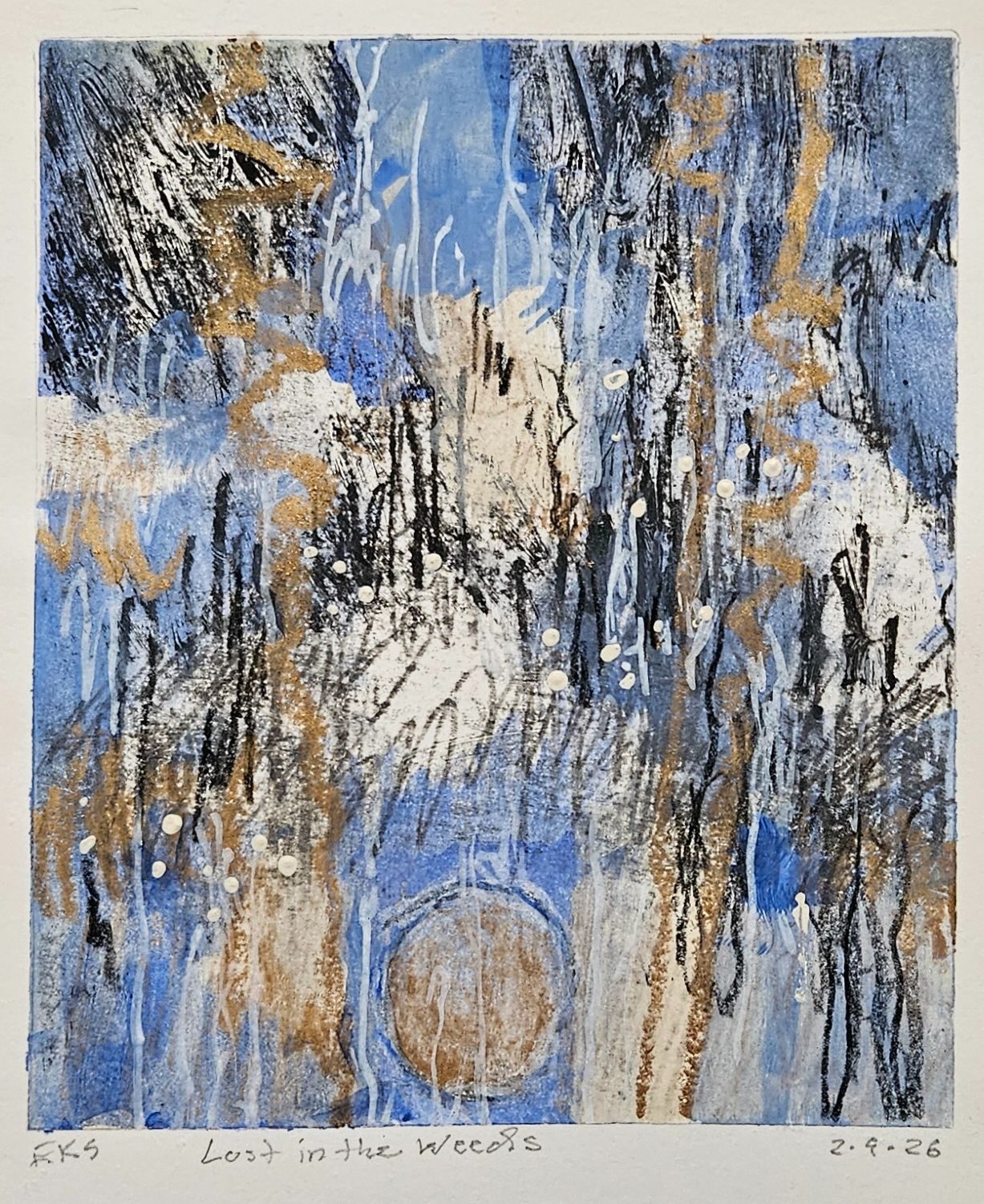 A busy abstract composition in black, white, blue and gold.