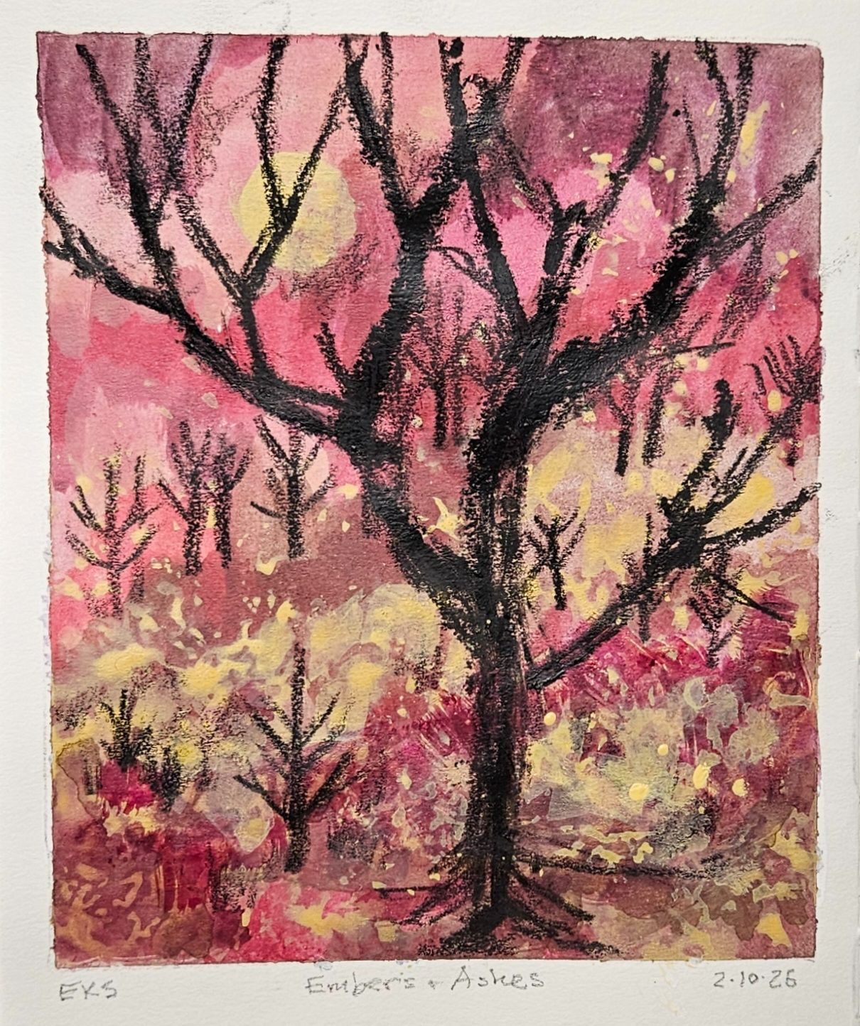 Bare black trees against a smoky red sky and orange sun.