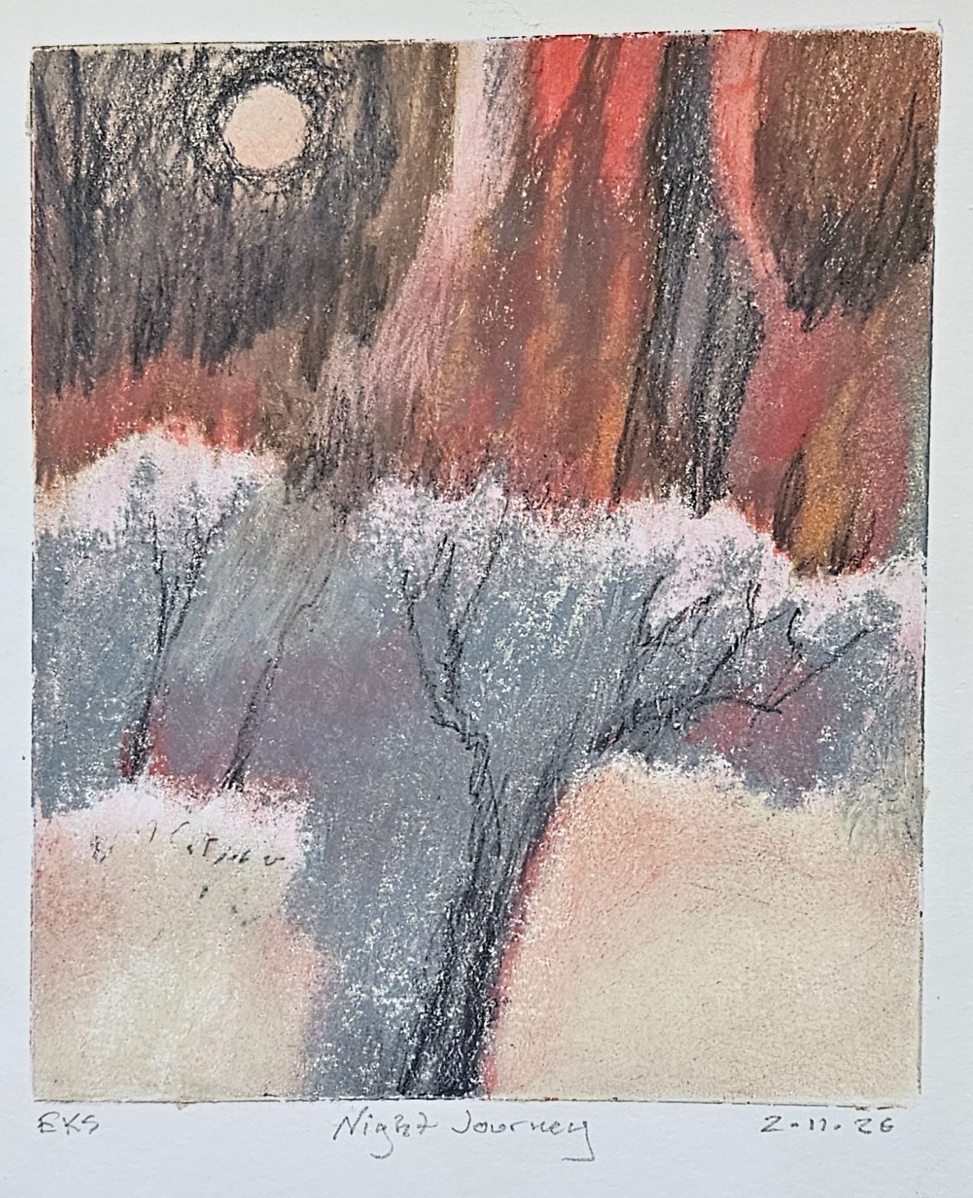 An abstract landscape of a night woods and full moon.