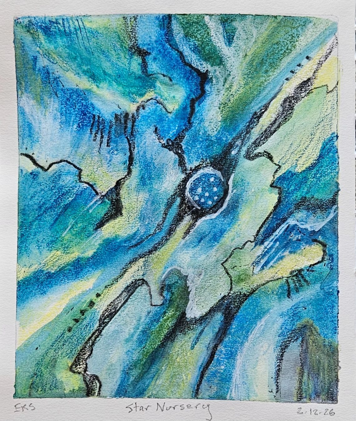 An abstract composition in blues, greens with a small cluster of stars within a ring.