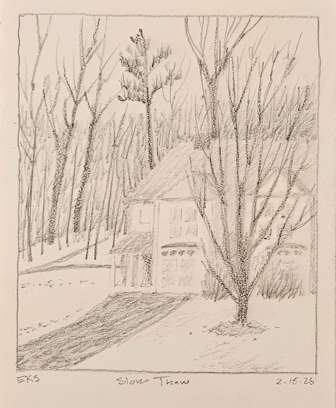 A drawing of a house and bare trees in the snow.