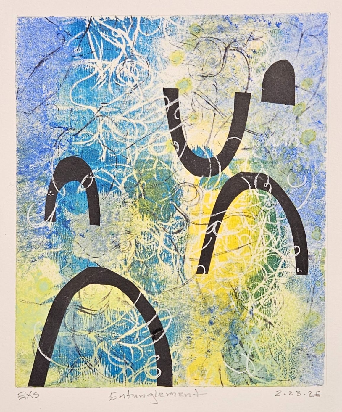 An abstract of black arches entangled in scribbles of blue and yellow.