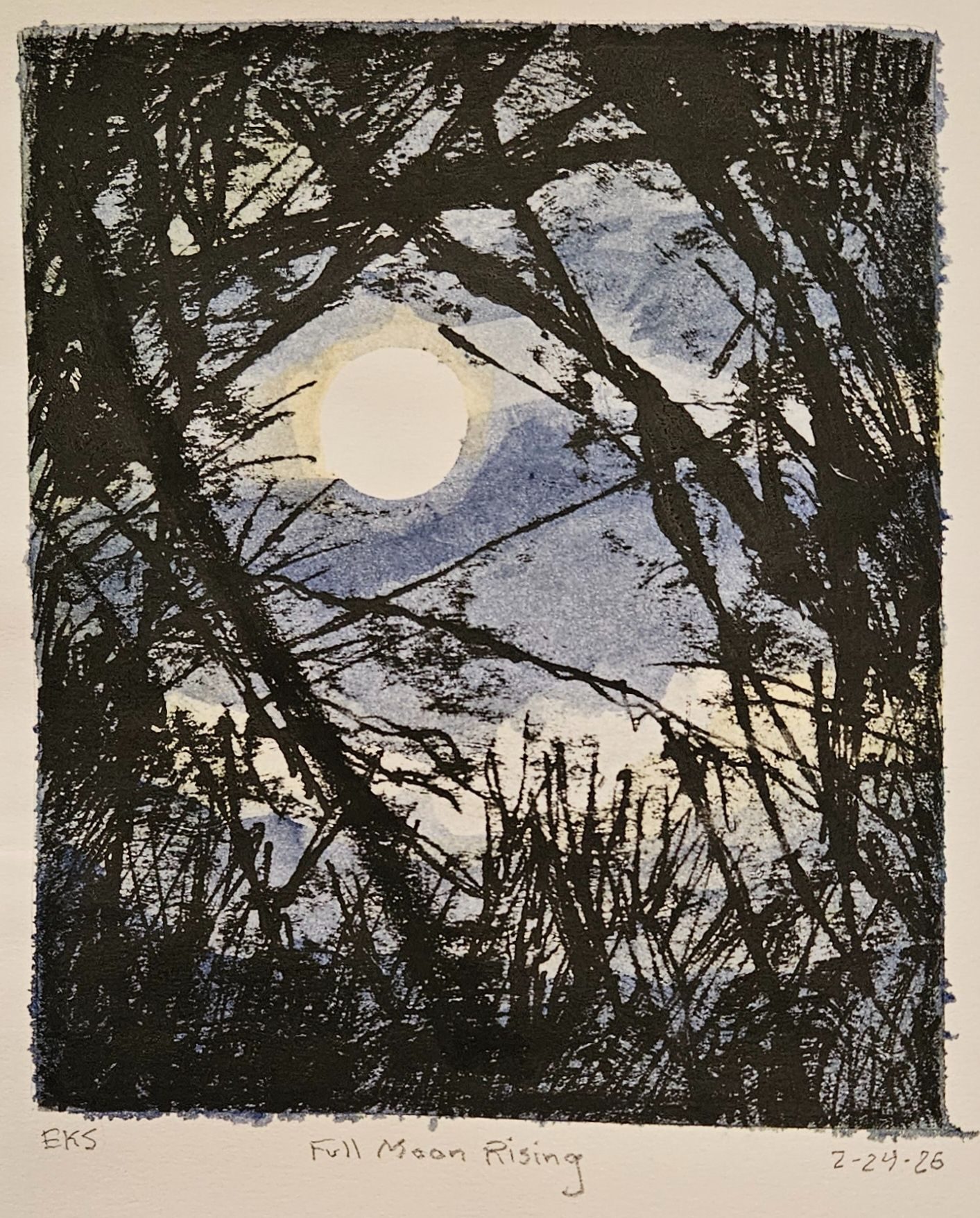 Watercolor with monotype of a moon rising behind tree branches.